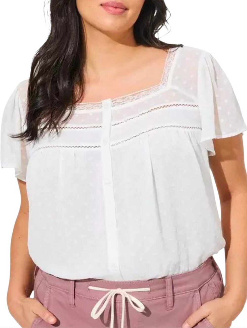 Torrid Chiffon Clip Dot Button Front Blouse Flutter Sleeves Lace White Flowy 3X